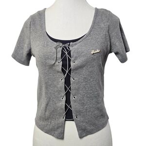 Gray Short Sleeve Lace-Up Women Shirt